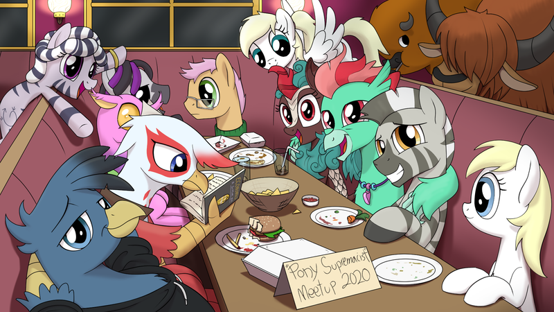 Size: 1920x1080 | Tagged: safe, artist:anonymous, derpibooru import, fern flare, oc, oc:aryanne, oc:luftkrieg, oc:zala, ponified, bison, changedling, changeling, earth pony, gryphon, hippogriff, kirin, pegasus, pony, yak, zebra, art pack:marenheit 451, /mlp/, female, food, male, mare, meeting, parody, pony supremacy, stallion