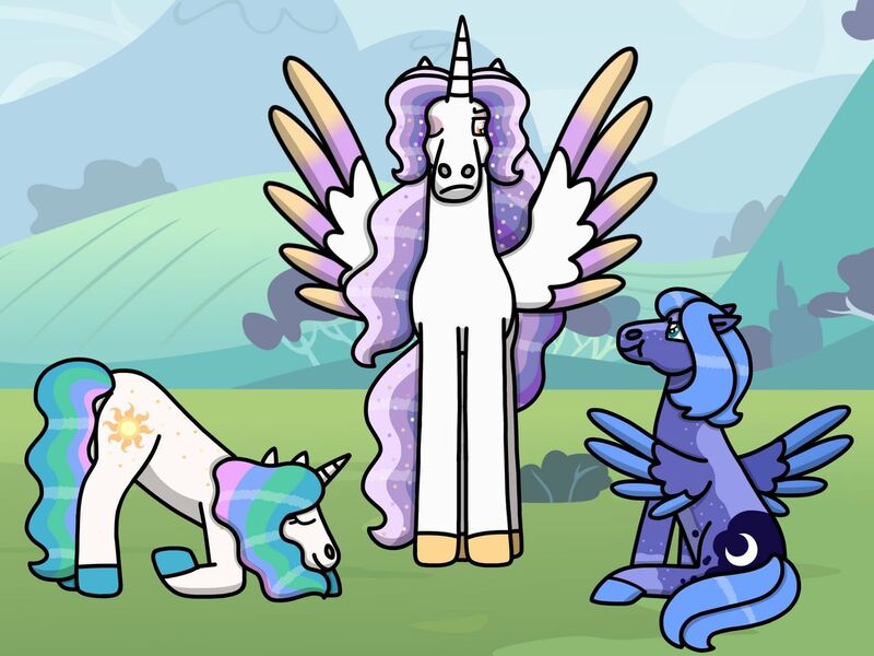 Size: 1280x960 | Tagged: safe, artist:kindheart525, derpibooru import, princess celestia, princess luna, oc, oc:gaia, alicorn, pegasus, unicorn, auraverse, alicorn oc, female, horn, mother and child, mother and daughter, pegasus luna, race swap, story included, unicorn celestia, wings, young celestia, young luna