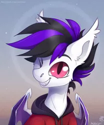 Size: 2500x3000 | Tagged: safe, artist:mithriss, derpibooru import, oc, unofficial characters only, bat pony, pony, bat pony oc, bat wings, clothes, cute, cute little fangs, fangs, hoodie, male, one eye closed, solo, wings, wink