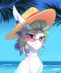 Size: 2500x3000 | Tagged: safe, artist:mithriss, derpibooru import, oc, unofficial characters only, pony, bust, hat, ocean, solo