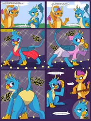 Size: 6000x8000 | Tagged: suggestive, artist:chedx, derpibooru import, gallus, smolder, dragon, gryphon, comic:detention with rarity, absurd resolution, baseball bat, blushing, camera flashes, clothes, comic, crossdressing, dress, dressed up, embarrassed, embarrassed body exposure, eyeshadow, forced crossdressing, gallass, ice pack, karma, leotard, lipstick, makeup, payback's a bitch, this will end in pain, this will end in tears