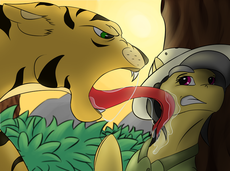 Size: 3500x2600 | Tagged: safe, artist:diskrt, derpibooru import, daring do, big cat, pegasus, pony, tiger, against tree, clothes, disgusted, drool, drool string, eye contact, face licking, fangs, female, forest, forked tongue, frown, gritted teeth, hat, licking, long tongue, looking at each other, mare, pith helmet, request, salivating, tongue out, tree