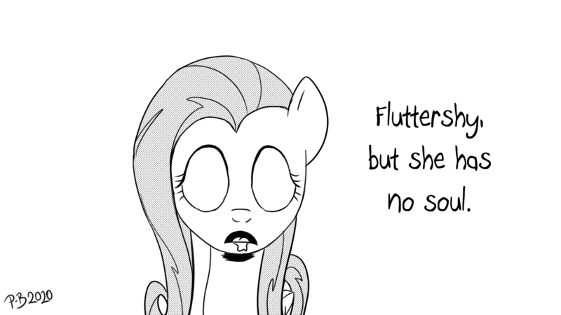 Size: 1200x675 | Tagged: safe, artist:pony-berserker, derpibooru import, fluttershy, pegasus, pony, 2020, blank expression, blank eyes, caption, drool, english, female, grayscale, looking at you, monochrome, open mouth, pony-berserker's twitter sketches, simple background, solo, soulless, text, white background, wide eyes