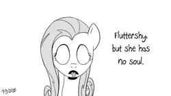 Size: 1200x675 | Tagged: safe, artist:pony-berserker, derpibooru import, fluttershy, pegasus, pony, 2020, blank expression, blank eyes, caption, drool, english, female, grayscale, looking at you, monochrome, open mouth, pony-berserker's twitter sketches, simple background, solo, soulless, text, white background, wide eyes