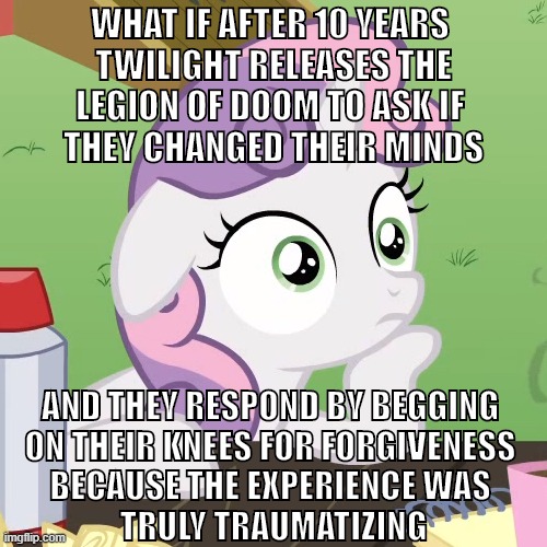 Size: 500x500 | Tagged: safe, derpibooru import, edit, edited screencap, screencap, sweetie belle, ponyville confidential, the ending of the end, a better ending for chrysalis, a better ending for cozy, a better ending for tirek, caption, cropped, exploitable meme, female, headcanon, image macro, impact font, implied chrysalis, implied cozy glow, implied tirek, implied twilight sparkle, meme, obligatory pony, solo, sudden clarity sweetie belle, text, theory, what if