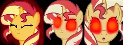 Size: 1849x685 | Tagged: safe, artist:mellow91, derpibooru import, edit, edited screencap, screencap, sunset shimmer, black background, eyes closed, female, glowing eyes, open mouth, possessed, possession, profile, red eyes, simple background, solo