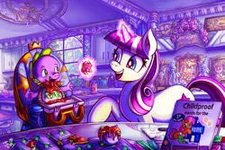 Size: 4373x2920 | Tagged: safe, artist:jowybean, derpibooru import, night light, shining armor, spike, twilight sparkle, twilight velvet, dragon, pony, unicorn, adopted offspring, baby, baby dragon, baby food, baby spike, bib, book, chair, cute, dawwww, feeding, female, gem, glowing horn, happy, horn, kitchen, magic, male, mama velvet, mare, messy eating, mother and child, mother and son, picture, spikabetes, story in the source, velvetbetes, younger