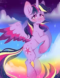 Size: 2000x2600 | Tagged: alicorn, artist:zefirka, cheek fluff, chest fluff, cloud, colored wings, cute, derpibooru import, ear fluff, female, flying, high res, leg fluff, multicolored wings, rainbow power, safe, sky, solo, twiabetes, twilight sparkle, twilight sparkle (alicorn), wings