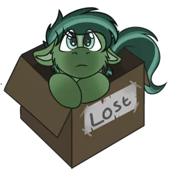 Size: 572x581 | Tagged: safe, artist:rokosmith26, derpibooru import, part of a set, oc, oc:clover march, unofficial characters only, pegasus, pony, box, cheek fluff, chibi, colored, cute, eye clipping through hair, floppy ears, green eyes, looking at you, male, puppy dog eyes, roko's box ponies, short hair, short mane, simple background, solo, stallion, tail, text, transparent background