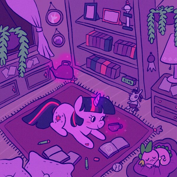 Size: 2048x2048 | Tagged: safe, artist:alexbeeza, derpibooru import, smarty pants, spike, twilight sparkle, dragon, pony, unicorn, baseball, book, bookshelf, carpet, cup, curled up, cute, digital clock, duo, female, heart, high res, magic, male, mare, pencil, pillow, prone, sleeping, spikabetes, sports, teacup, teapot, telekinesis, twiabetes, unicorn twilight