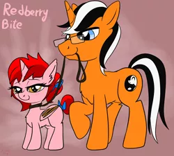 Size: 4000x3600 | Tagged: suggestive, artist:littlenaughtypony, derpibooru import, oc, oc:ever harmon, oc:redberry bite, alicorn, bat pony, bat pony alicorn, hybrid, pony, unicorn, bat wings, collar, father and child, father and daughter, female, filly, glasses, horn, leash, male, mouth hold, wings