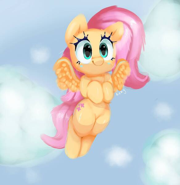 Size: 1800x1850 | Tagged: safe, artist:azzybb, derpibooru import, fluttershy, pegasus, pony, cloud, female, flying, hooves to the chest, looking at you, mare, sky, smiling, solo, spread wings, three quarter view, wings