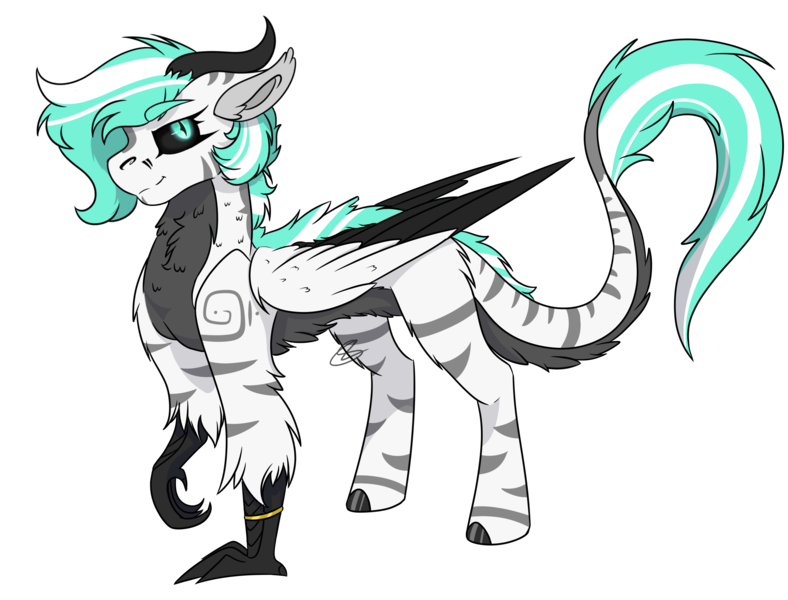 Size: 2199x1675 | Tagged: safe, artist:rokosmith26, derpibooru import, oc, oc:petroko smith, unofficial characters only, demon, hybrid, original species, pony, belly fluff, bracelet, chest fluff, claws, colored, colored wings, female, floppy ears, fluffy, folded wings, hooves, horn, jewelry, leg in air, mare, markings, multicolored wings, raised claw, short hair, short mane, simple background, slit eyes, slit pupils, solo, standing, stripes, tail fluff, transparent background, wings