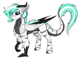 Size: 2199x1675 | Tagged: safe, artist:rokosmith26, derpibooru import, oc, oc:petroko smith, unofficial characters only, demon, hybrid, original species, pony, belly fluff, bracelet, chest fluff, claws, colored, colored wings, female, floppy ears, fluffy, folded wings, hooves, horn, jewelry, leg in air, mare, markings, multicolored wings, raised claw, short hair, short mane, simple background, slit eyes, slit pupils, solo, standing, stripes, tail fluff, transparent background, wings