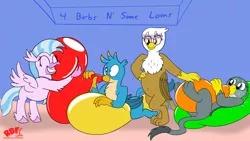 Size: 3840x2160 | Tagged: safe, artist:rupertbluefox, derpibooru import, gabby, gallus, gilda, silverstream, classical hippogriff, gryphon, hippogriff, asymmetrical eyes, balloon, balloon fetish, balloon fun, balloon sitting, behaving like a cat, belly, belly button, bipedal, birb, blowing up balloons, breathing, eyes closed, female, fetish, hug, male, mismatched eyes, smiling, squishy, that pony sure does love balloons