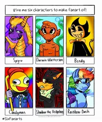 Size: 1080x1283 | Tagged: safe, artist:maggotmoss, derpibooru import, rainbow dash, anthro, dragon, hedgehog, pegasus, pony, six fanarts, :d, anthro with ponies, bendy, bendy and the ink machine, bowtie, bust, candyman, cane, crossed arms, crossover, darwin watterson, derp, female, grin, hat, male, mare, pacman eyes, shadow the hedgehog, smiling, sonic the hedgehog (series), the amazing world of gumball