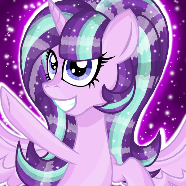 Size: 800x800 | Tagged: safe, artist:katya, derpibooru import, edit, starlight glimmer, alicorn, alicornified, ethereal mane, gritted teeth, looking at you, race swap, smiling, spell, starlicorn, waving, xk-class end-of-the-world scenario