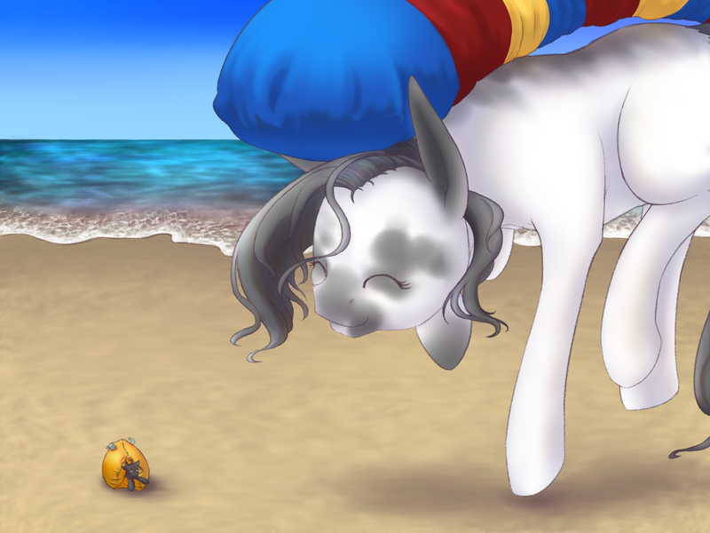 Size: 1600x1200 | Tagged: safe, artist:causticeichor, derpibooru import, oc, oc:inkenel, oc:oretha, pony, beach, blob, giant earth pony, giant pony, giant/macro earth pony, macro, size difference, smiling, tiny, tiny earth pony, tiny ponies, water wings