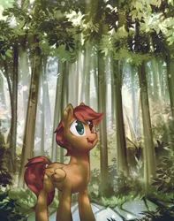 Size: 2111x2682 | Tagged: safe, artist:mirroredsea, derpibooru import, oc, unofficial characters only, pony, commission, forest, heterochromia, scenery, smiling, solo, tree