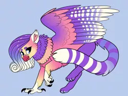 Size: 2800x2100 | Tagged: safe, artist:loryska, derpibooru import, oc, hippogriff, hybrid, blue background, interspecies offspring, magical lesbian spawn, offspring, parent:gilda, parent:princess cadance, simple background, solo