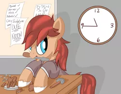 Size: 1920x1500 | Tagged: safe, artist:notadeliciouspotato, derpibooru import, oc, oc:cottonwood kindle, unofficial characters only, earth pony, pony, atg 2020, chisel, clock, figurine, gift art, male, mouth hold, newbie artist training grounds, smiling, solo, stallion, table