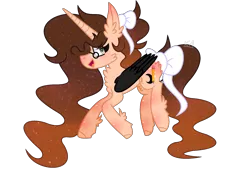 Size: 1945x1365 | Tagged: safe, artist:arctusthegoddess, derpibooru import, oc, oc:arctus, unofficial characters only, alicorn, black wings, bow, ethereal mane, female, fluffy, galaxy mane, glasses, happy, long mane, long tail, simple background, solo, transparent background