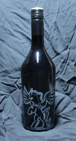 Size: 1024x1881 | Tagged: safe, artist:malte279, derpibooru import, pony of shadows, shadow pony, baileys, bottle, craft, glass engraving