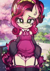 Size: 1448x2048 | Tagged: suggestive, artist:canvymamamoo, derpibooru import, cherry jubilee, earth pony, pony, beauty mark, belly button, bipedal, both cutie marks, clothes, ear fluff, eyeshadow, female, garters, gloves, legs together, lidded eyes, lingerie, long gloves, looking at you, makeup, mare, panties, smiling, socks, solo, solo female, tree, underwear