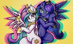 Size: 2048x1229 | Tagged: safe, alternate version, artist:canvymamamoo, derpibooru import, princess celestia, princess luna, alicorn, pony, belly button, blushing, duo, ear fluff, female, hoof shoes, jewelry, lidded eyes, looking at you, mare, peytral, regalia, royal sisters, siblings, simple background, sisters, smiling, stars, yellow background