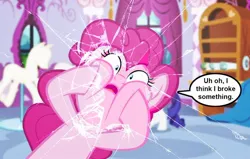 Size: 1024x651 | Tagged: safe, artist:silverbuller, derpibooru import, pinkie pie, rarity, breaking the fourth wall, broken, carousel boutique, fourth wall, ponyquin, shattered, shattered glass, speech bubble, text, touching face