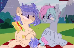 Size: 2048x1350 | Tagged: safe, artist:shinningblossom12, derpibooru import, oc, oc:shinning blossom, unofficial characters only, pegasus, pony, base used, duo, ear piercing, earring, female, food, freckles, jewelry, looking at each other, mare, mountain, outdoors, pegasus oc, picnic blanket, piercing, sandwich, sitting, smiling, subway, tree, wings