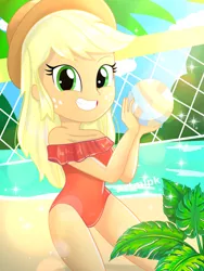 Size: 1800x2400 | Tagged: safe, artist:artmlpk, derpibooru import, applejack, equestria girls, adorable face, adorasexy, adorkable, alternate hairstyle, applejack's hat, ball, beach, beautiful, clothes, cowboy hat, cute, digital art, dork, female, grin, hat, jackabetes, lens flare, looking at you, net, one-piece swimsuit, palm tree, plant, sexy, smiley face, smiling, smiling at you, solo, sports, swimsuit, tree, volleyball, volleyball net, water, watermark