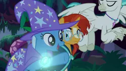 Size: 1280x720 | Tagged: safe, artist:disneymarvel96, derpibooru import, edit, edited screencap, editor:disneymarvel96, screencap, sunburst, terramar, trixie, hippogriff, unicorn, brooch, cape, clasp, clothes, female, glow, light up, male, trixie's glowing brooch