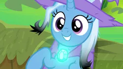 Size: 1280x720 | Tagged: safe, artist:disneymarvel96, derpibooru import, edit, edited screencap, editor:disneymarvel96, screencap, trixie, unicorn, brooch, cape, clasp, clothes, female, glow, hat, solo, trixie's cape, trixie's glowing brooch, trixie's hat