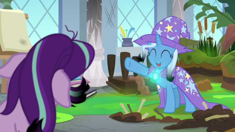 Size: 800x450 | Tagged: safe, artist:disneymarvel96, derpibooru import, edit, edited screencap, editor:disneymarvel96, screencap, starlight glimmer, trixie, a horse shoe-in, brooch, cape, clasp, clothes, duo, glow, hat, trixie's cape, trixie's glowing brooch, trixie's hat