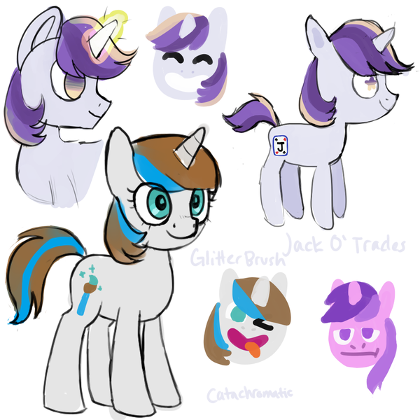 Size: 1000x1000 | Tagged: safe, artist:catachromatic, derpibooru import, amethyst star, oc, oc:glitter brush, oc:jack o' trades, unicorn, bean mouth, colored sketch, doodle dump, firealpaca, ponysona, simple background, white background