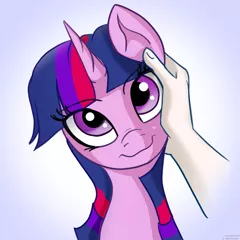Size: 1959x1959 | Tagged: safe, artist:exploretheweb, derpibooru import, twilight sparkle, human, pony, cute, ear scratch, looking at you, offscreen character, petting, simple background, solo focus, twiabetes, white background