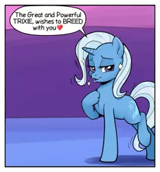 Size: 615x659 | Tagged: suggestive, artist:pencils, derpibooru import, edit, trixie, pony, unicorn, comic:marble mare manquee, bronybait, comic, comic sans, desire, duckface, emoji, female, great and powerful, heart, hoof on chest, implied sex, looking at you, mare, she wants the d, solo, solo female, speech bubble, wish