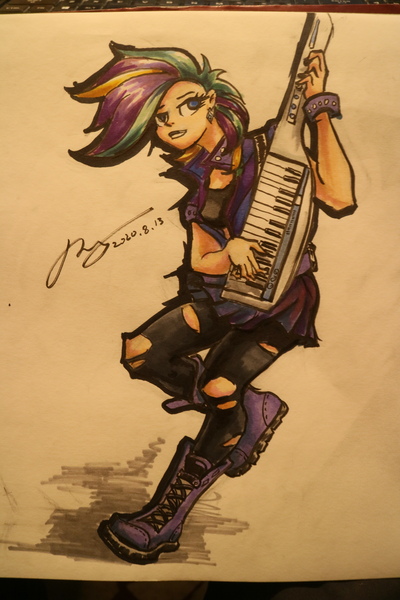 Size: 1920x2880 | Tagged: safe, artist:musical ray, derpibooru import, rarity, human, equestria girls, alternate hairstyle, clothes, female, keytar, marker drawing, musical instrument, punk, raripunk, rock, solo, traditional art