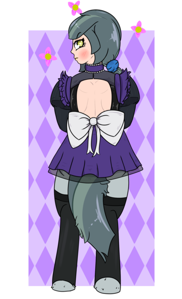 Size: 1417x2331 | Tagged: safe, artist:lazerblues, derpibooru import, oc, oc:purity quartz, unofficial characters only, satyr, blushing, clothes, dress, looking at you, looking back, looking back at you, maid, offspring, parent:marble pie, socks, solo, stockings, thigh highs, zettai ryouiki