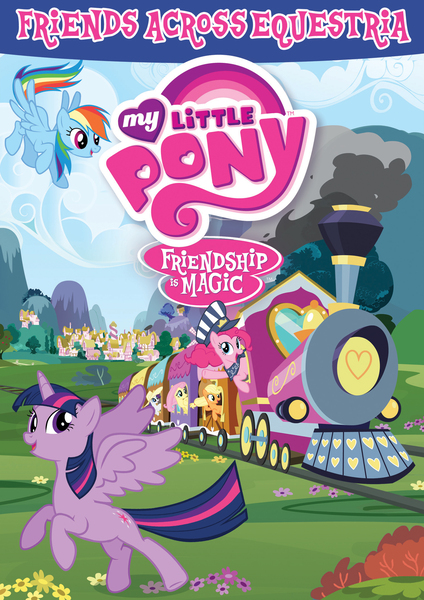 Size: 1525x2156 | Tagged: safe, derpibooru import, applejack, fluttershy, pinkie pie, rainbow dash, rarity, twilight sparkle, twilight sparkle (alicorn), alicorn, earth pony, pegasus, pony, unicorn, conductor, dvd, dvd cover, female, friends across equestria, friendship express, hat, image, jpeg, logo, looking at you, looking left, mane six, mare, merchandise, my little pony logo, pinkie pie operating a locomotive, ponyville, riding, steam, train