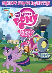 Size: 1525x2156 | Tagged: safe, derpibooru import, applejack, fluttershy, pinkie pie, rainbow dash, rarity, twilight sparkle, twilight sparkle (alicorn), alicorn, earth pony, pegasus, pony, unicorn, conductor, dvd, dvd cover, female, friends across equestria, friendship express, hat, image, jpeg, logo, looking at you, looking left, mane six, mare, merchandise, my little pony logo, pinkie pie operating a locomotive, ponyville, riding, steam, train