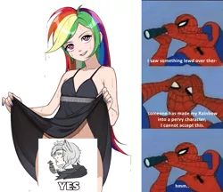 Size: 1491x1286 | Tagged: suggestive, artist:secubu, derpibooru import, edit, rainbow dash, human, equestria girls, black dress, breasts, cameltoe, clothes, cutie mark underwear, delicious flat chest, dress, female, gag, human coloration, humanized, lingerie, little black dress, meme, panties, rainbow dash always dresses in style, rainbow flat, rainbow panties, rainbow underwear, sexy, skirt, skirt lift, solo, spiderman thread, stupid sexy rainbow dash, tomboy, underwear