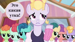 Size: 1280x720 | Tagged: safe, derpibooru import, edit, edited screencap, screencap, ballet jubilee, berry star, hoofer steps, shining passion, shuffle step, strawberry swing, waltzer, on your marks, cyrillic, op is a duck (reaction image), reaction image, russian, speech, speech bubble, talking, translated in the description