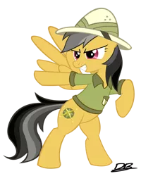 Size: 1200x1500 | Tagged: safe, artist:divebomb5, derpibooru import, daring do, fanfic, fanfic:treasure in the west, clothes, >:d, fanfic art, fanfic cover, female, hat, shirt, simple background, smiling, solo, spread wings, transparent background, vector, wings
