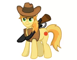 Size: 648x504 | Tagged: safe, artist:divebomb5, derpibooru import, braeburn, fanfic:treasure in the west, clothes, digital art, gun, hat, lever action rifle, male, rifle, simple background, smiling, solo, vest, weapon, white background
