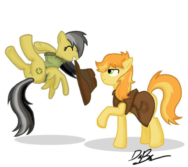 Size: 648x576 | Tagged: safe, artist:divebomb5, derpibooru import, braeburn, daring do, fanfic:treasure in the west, braedo, clothes, digital art, flying, hat, jacket, playing, simple background, teasing, white background