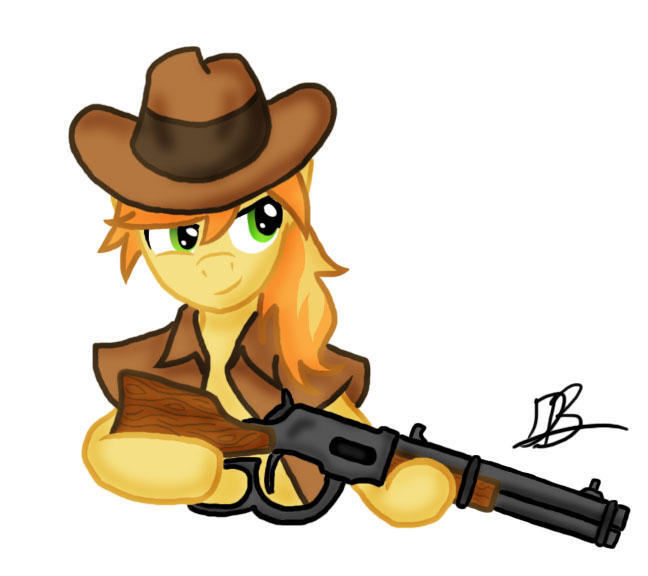 Size: 648x576 | Tagged: safe, artist:divebomb5, derpibooru import, braeburn, fanfic, fanfic:treasure in the west, clothes, digital art, fanfic art, gun, hat, jacket, lever action rifle, male, rifle, simple background, smiling, solo, weapon, white background