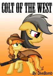 Size: 504x720 | Tagged: safe, artist:divebomb5, derpibooru import, braeburn, daring do, fanfic, fanfic:colt of the west, fanfic:treasure in the west, braedo, clothes, digital art, fanfic art, fanfic cover, gun, hat, jacket, rifle, weapon