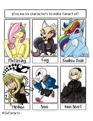 Size: 2550x3300 | Tagged: safe, artist:cool.bees.bro, derpibooru import, fluttershy, rainbow dash, human, pegasus, pony, six fanarts, bone, bust, clothes, cloven hooves, crossover, female, hair over one eye, king (the owl house), male, mare, medusa gorgon, running, sans (undertale), shoes, skeleton, soul eater, the owl house, undertale, unshorn fetlocks